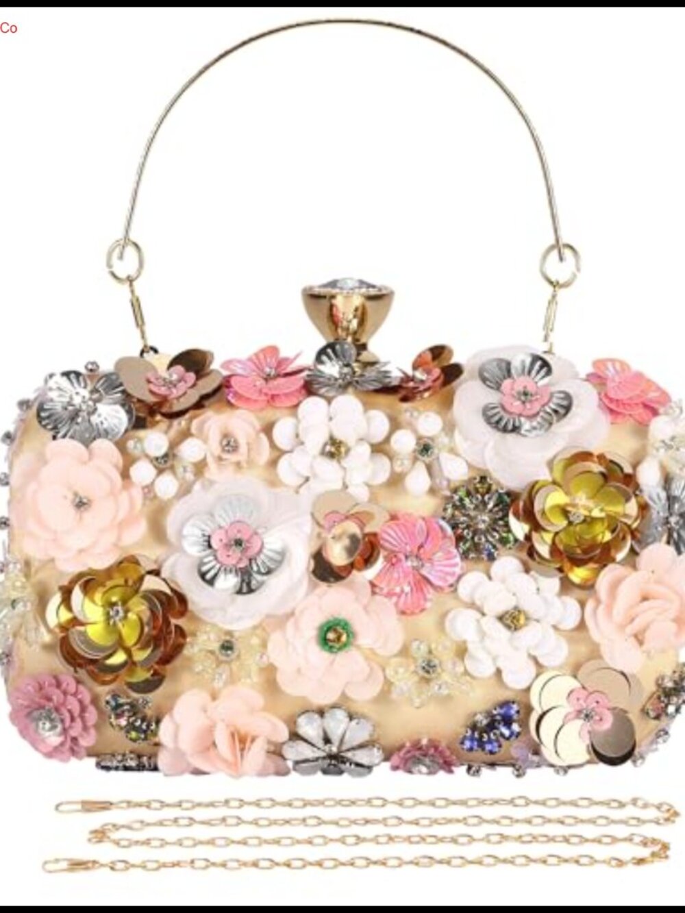 Satin Floral Beaded Pearl Evening Clutch with Removable Chain